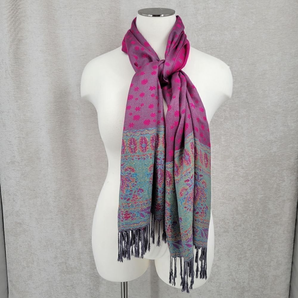 100% Cashmere Kani Shawl Scarf Vivid Pink Teal Blue with Fringe - Picture 3 of 12
